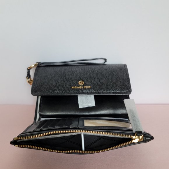 MICHAEL KORS Jet Set Charm Pebble Leather Large Flap Phone Wristlet-Black - Picture 13 of 16